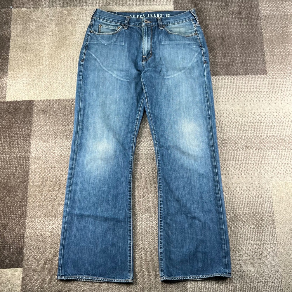 Guess Jeans Cliff Bootcut Mens 34x32 Blue Denim Pants Whiskered Honeycomb